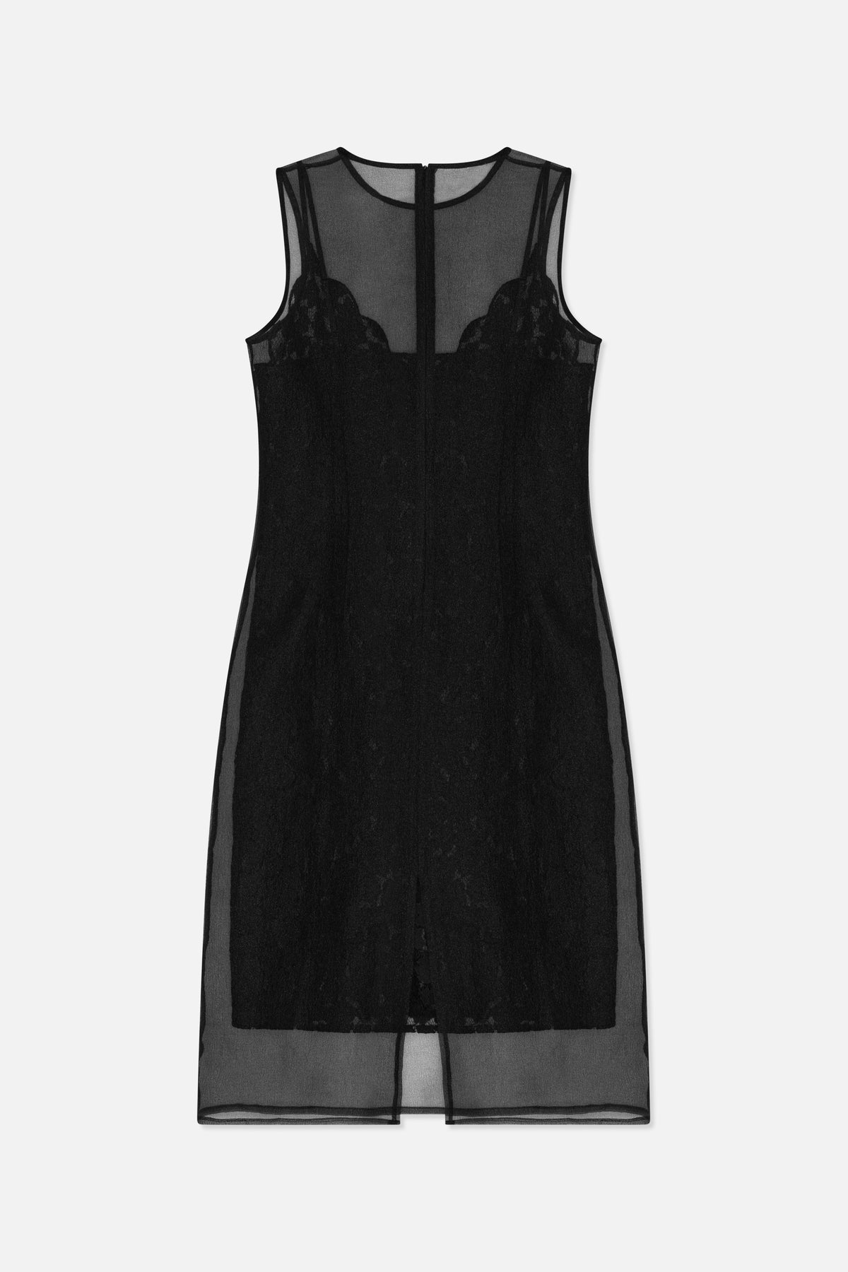 Schwarzes, ärmelloses, transparentes Kleid mit Spitzeneinsätzen an der Brust, blickdichtem Futter in der Mitte und transparentem Saum, flach von vorne gezeigt