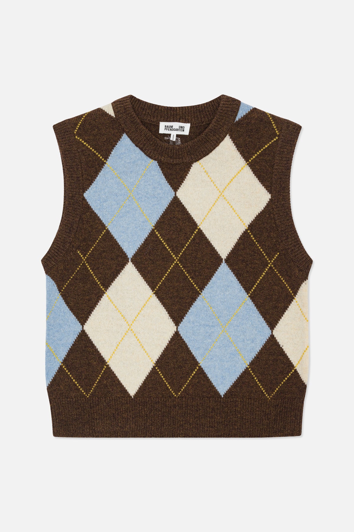 Vorderansicht eines braunen, gestrickten, ärmellosen Pullunders mit blauen und cremefarbenen Argyle-Rauten und gelben Nähten.