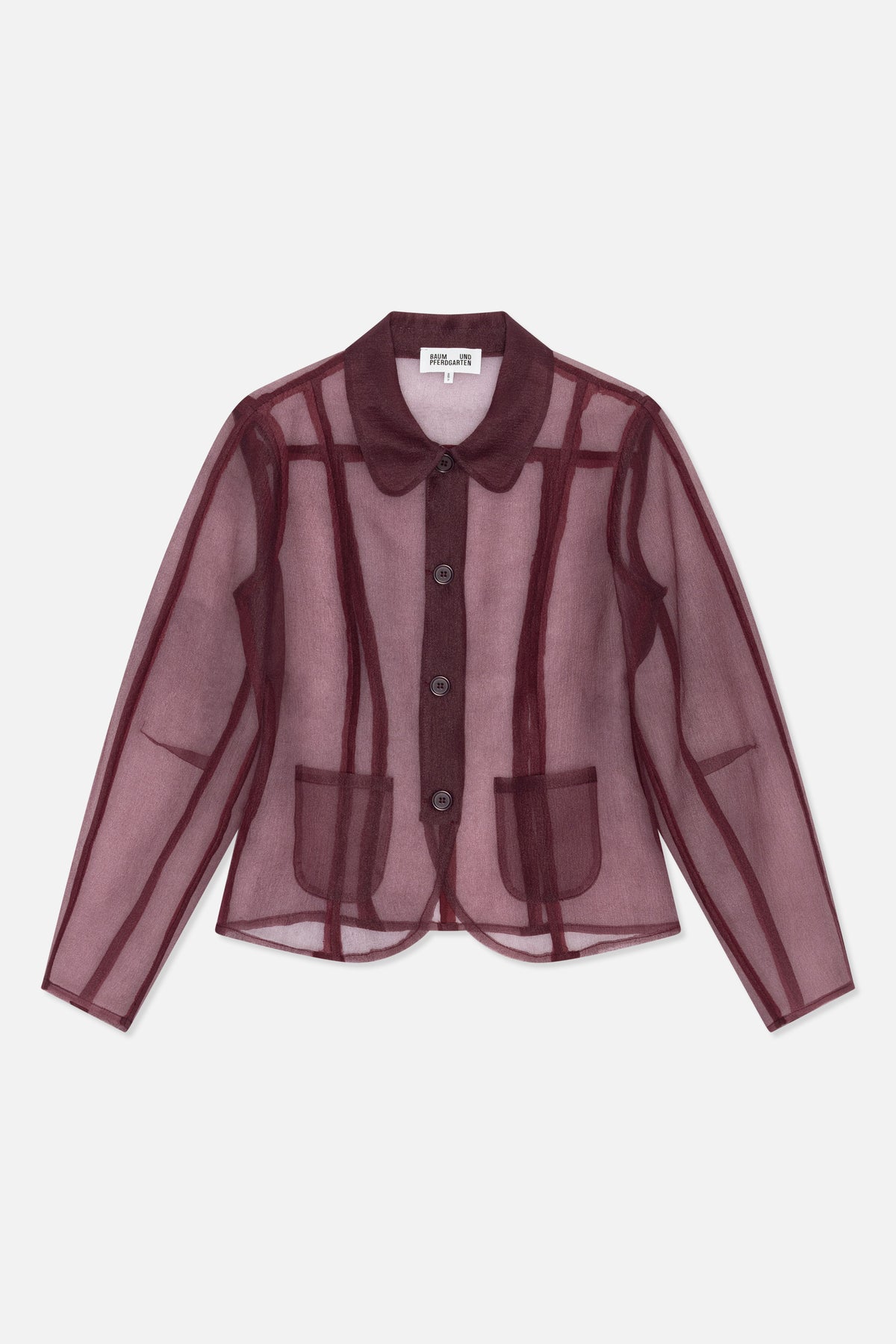 Vorderansicht einer transparenten, mauvefarbenen Bluse mit Knopfleiste, dunkelbordeauxfarbenen Gitterstreifen, rundem Kragen, langen Ärmeln und zwei aufgesetzten Taschen.