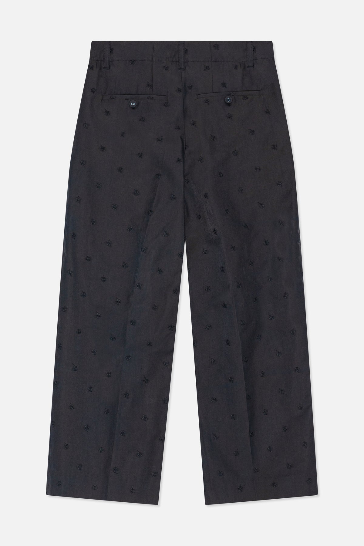Vorder- und Rückansicht einer anthrazitfarbenen Hose mit vereinzelter Ton-in-Ton-Blütenstickerei und Knopfdetails in der Taille.