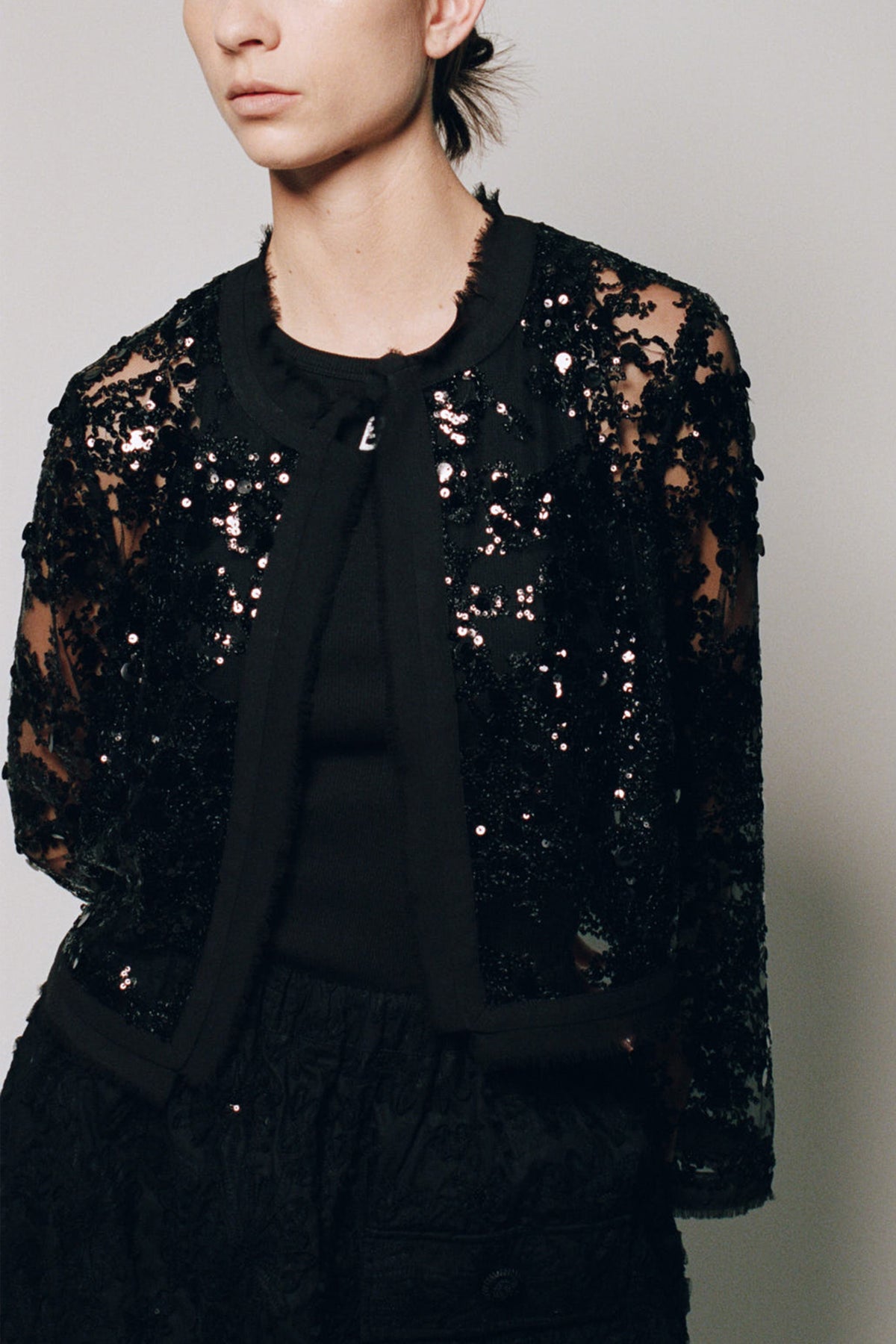Nahaufnahme eines Models, das eine schwarze, transparente Jacke mit floralen, spitzenähnlichen Details und verstreuten Pailletten über einem schwarzen Top trägt