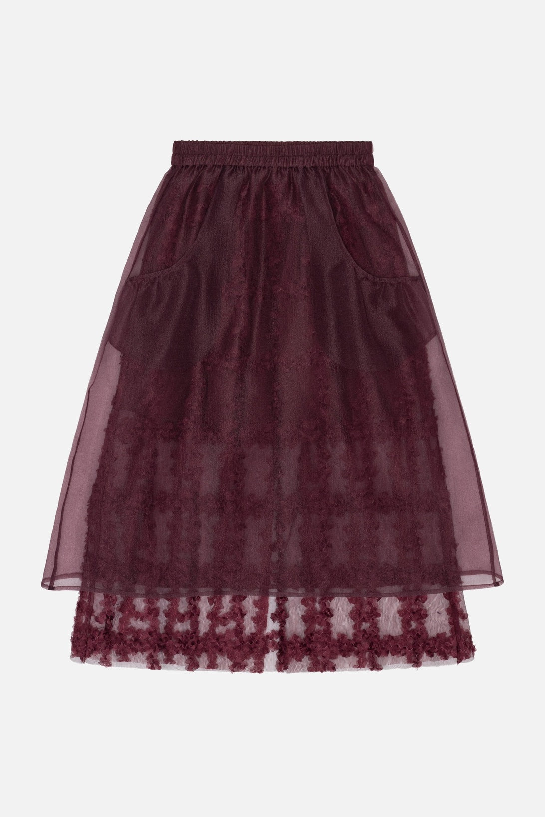Bordeauxfarbener A-Linien-Rock mit elastischem Bund, transparenter Lage, seitlichen Taschen und floralen Details am Saum.